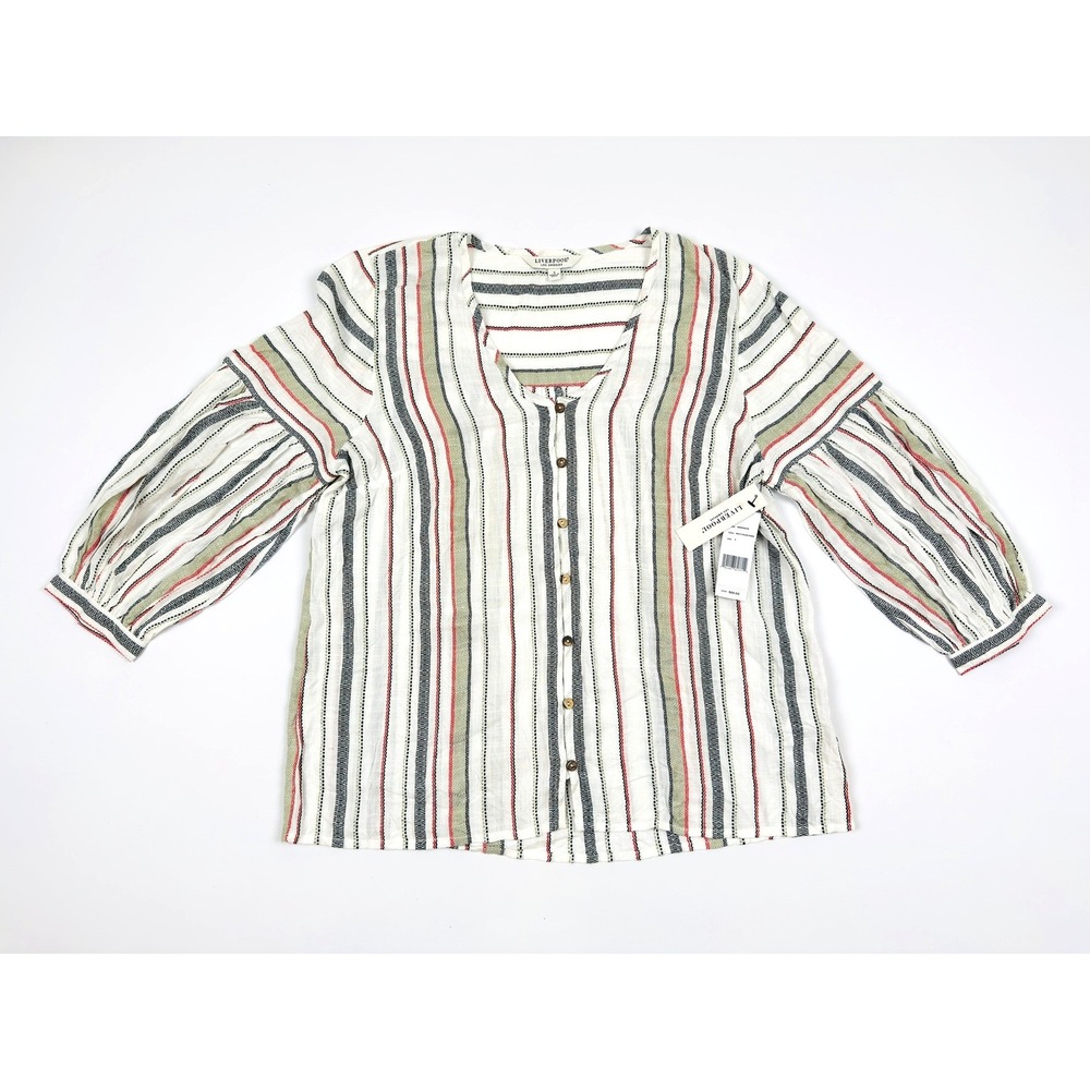 Liverpool Button Front Peasant‎ Blouse Multi Color Stripe Small New With Tags